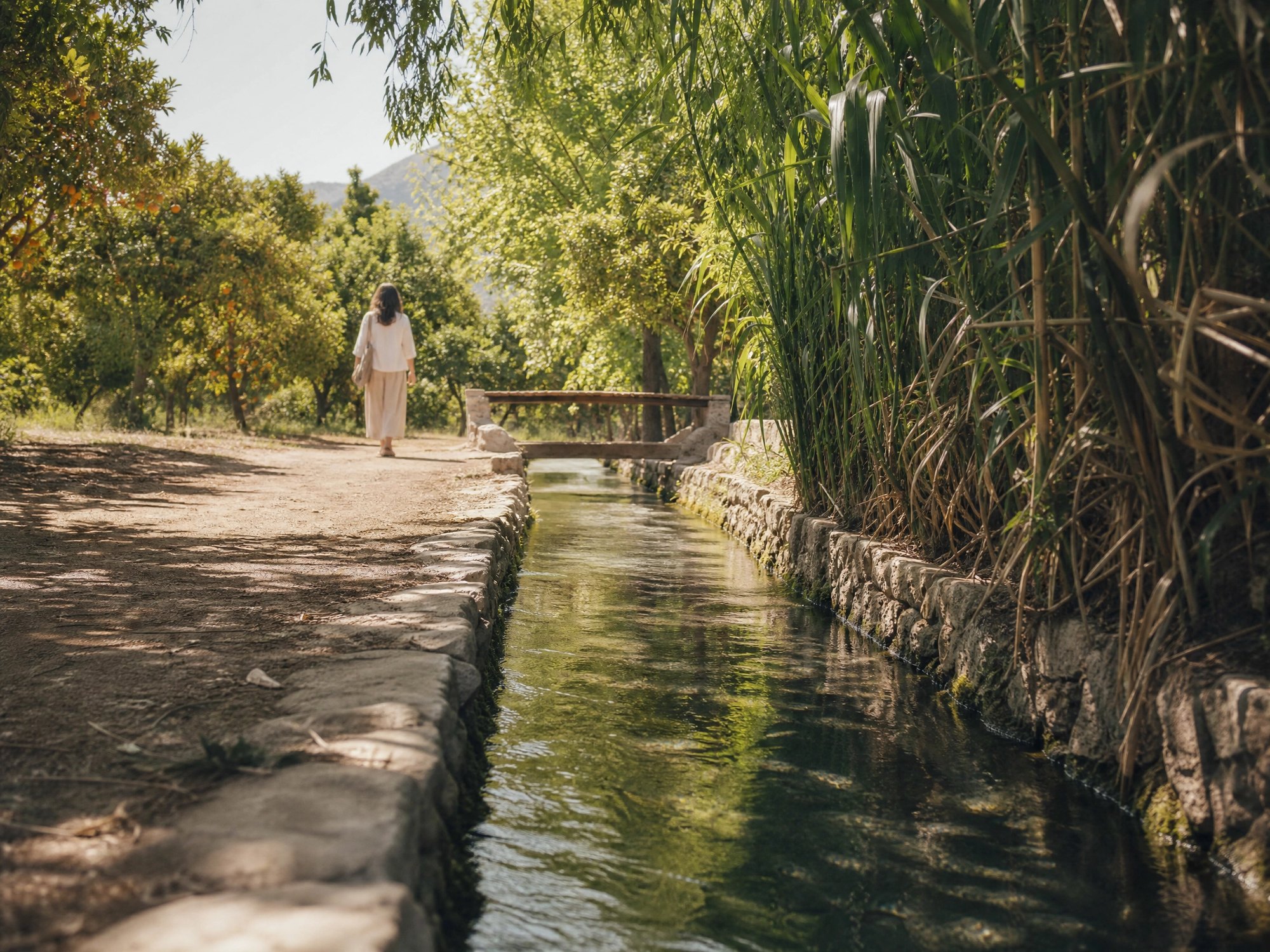 Agua fluyendo por una acequia de la huerta